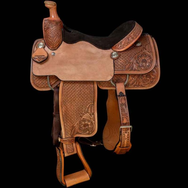 Elevate your roping style with this western horse saddle featuring a full suede padded seat and a captivating blend of basket weave and floral carving. 